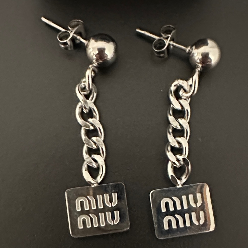 Miu Miu Silver Logo Drop Chain Earrings